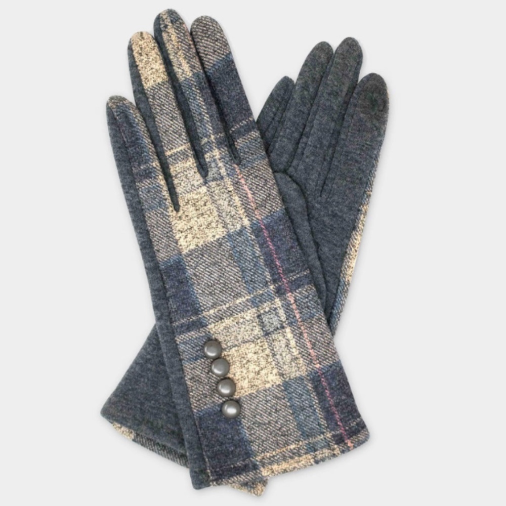MADRAS PLAID WITH BUTTON ACCENT SMART GLOVES- GREY
